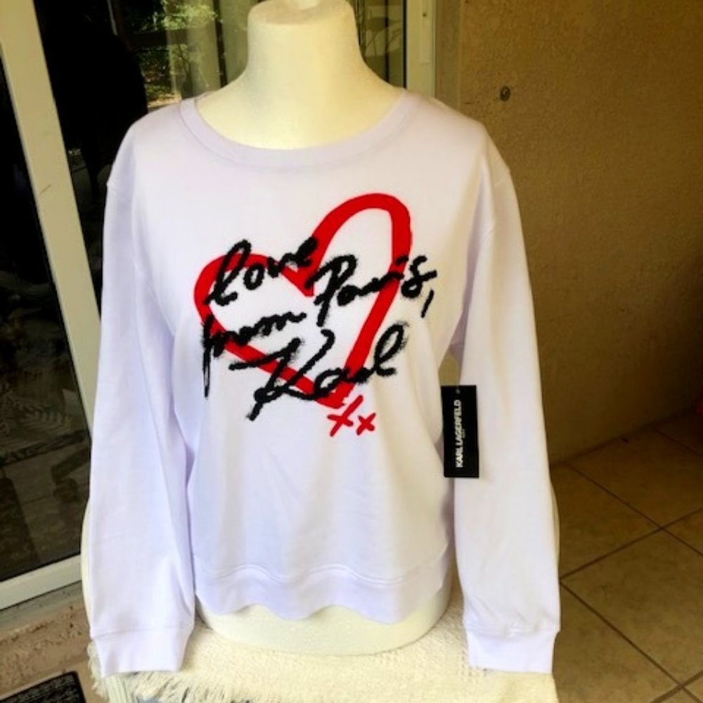KARL LAGERFELD PARIS Women White Love From Paris Sweatshirt Size L NWT